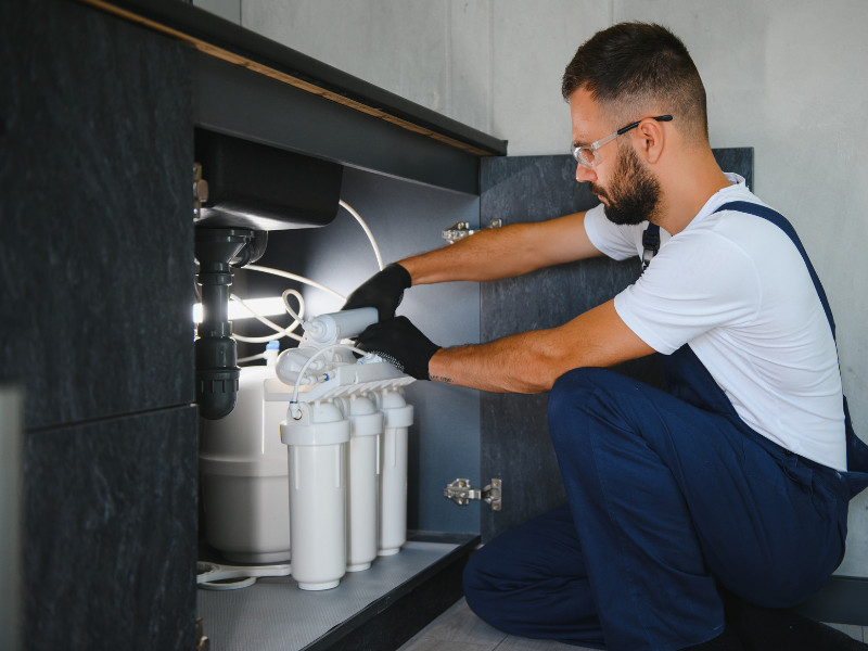 Three-stage water filter connected to the main water line
